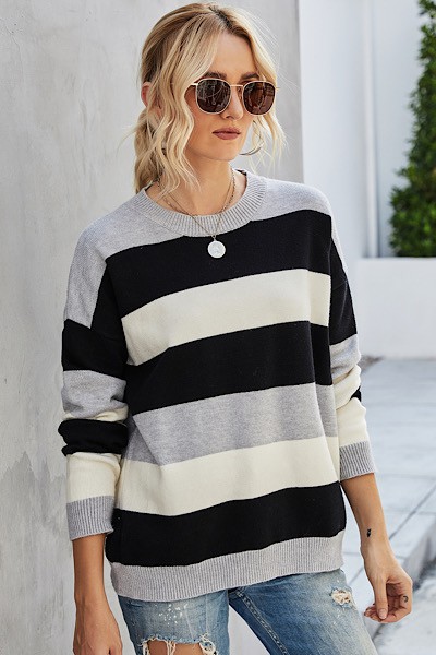 Women's Color Block Sweater-Black-image